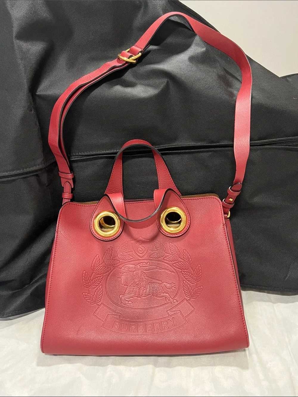 Burberry Red Leather Satchel with Gold Grommet Accents